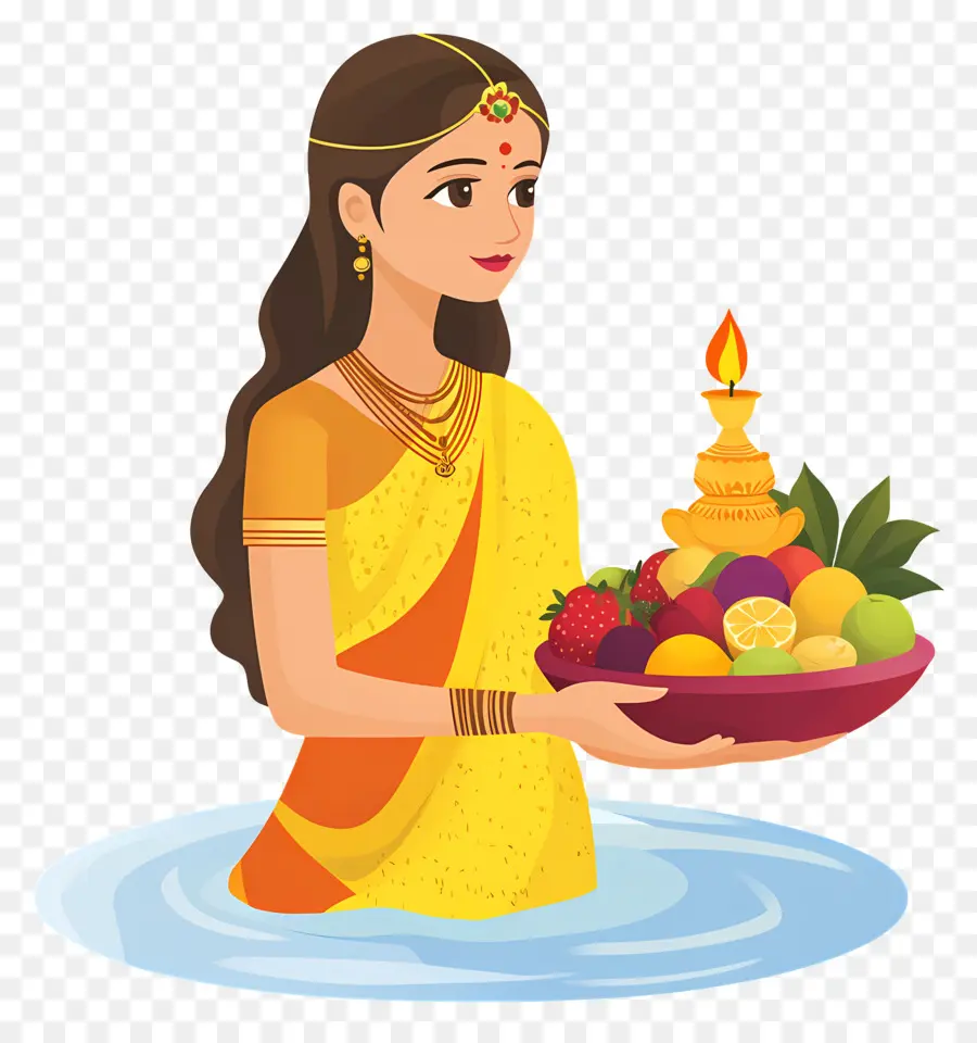 Chhath Puja，Mulher Com Lâmpada E Frutas PNG