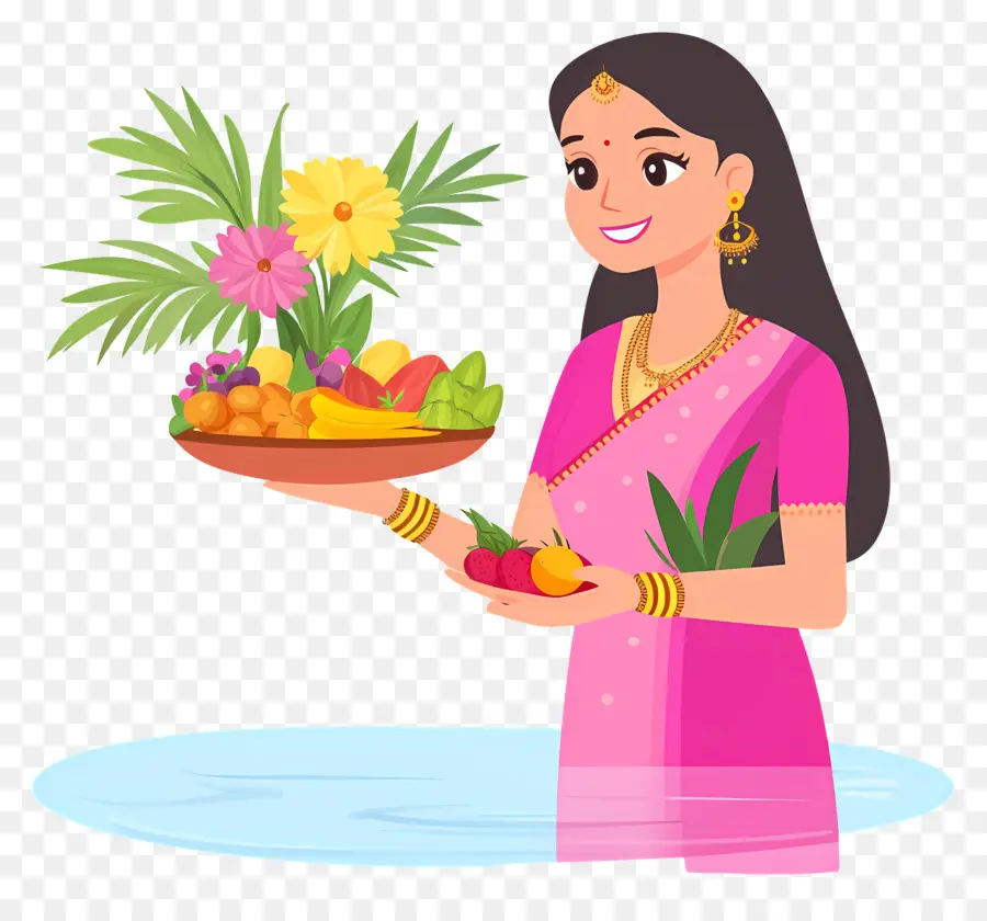 Chhath Puja，Mulher Com Bandeja De Frutas PNG