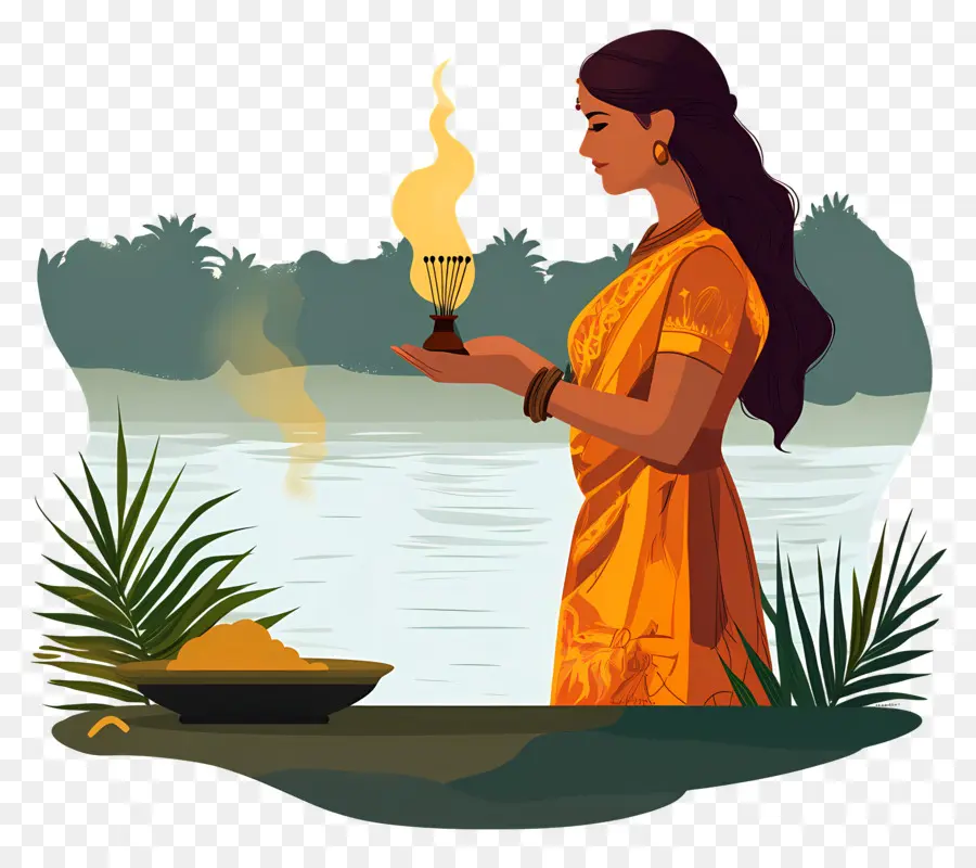 Chhath Puja，Mulher Em Vestido Tradicional PNG