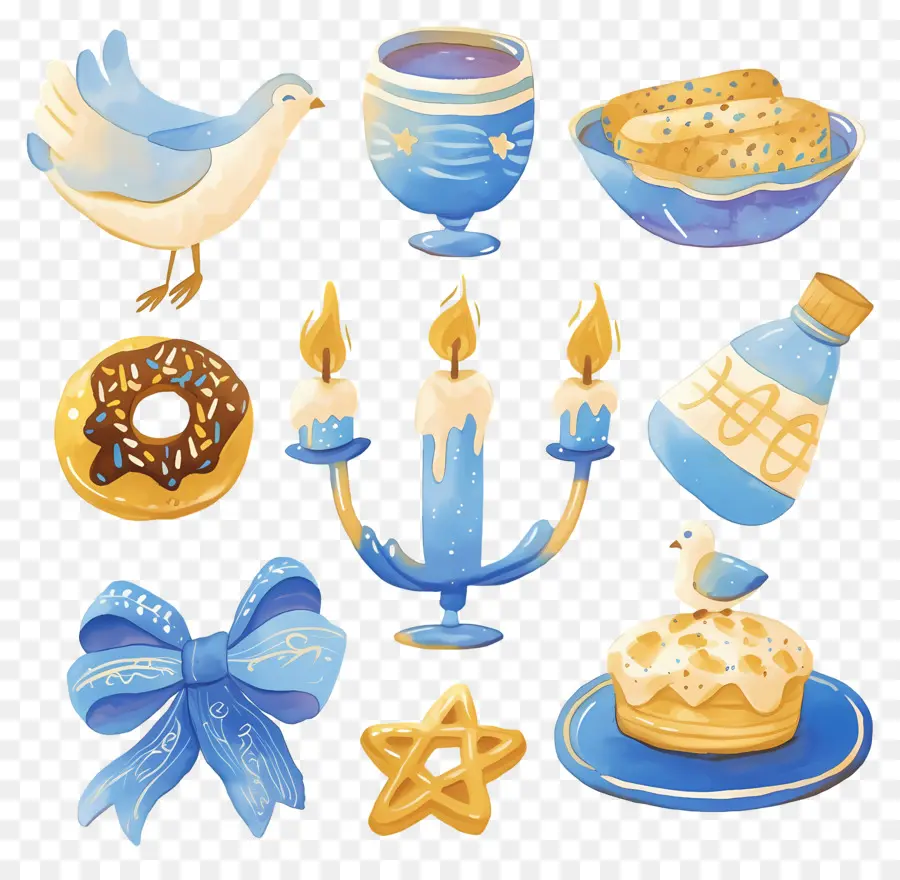 Decoração De Hanukkah，Itens De Hanukkah Azuis E Dourados PNG