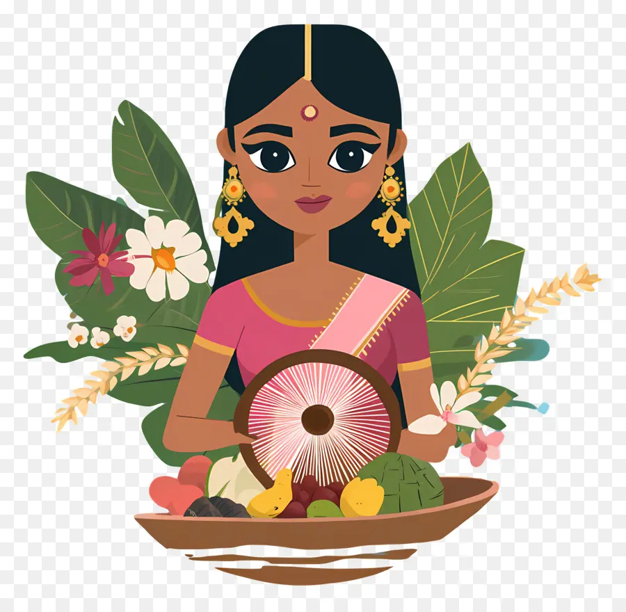 Chhath Puja，Mulher Com Frutas E Flores PNG