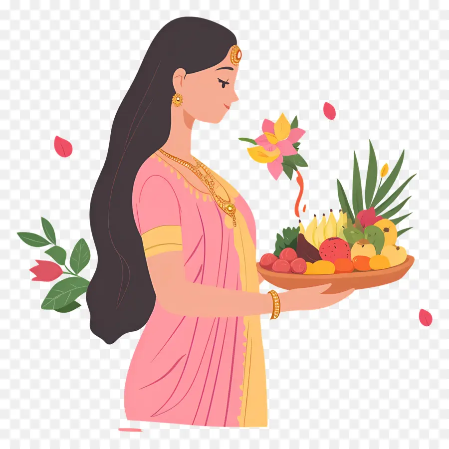 Chhath Puja，Mulher Com Bandeja De Frutas PNG