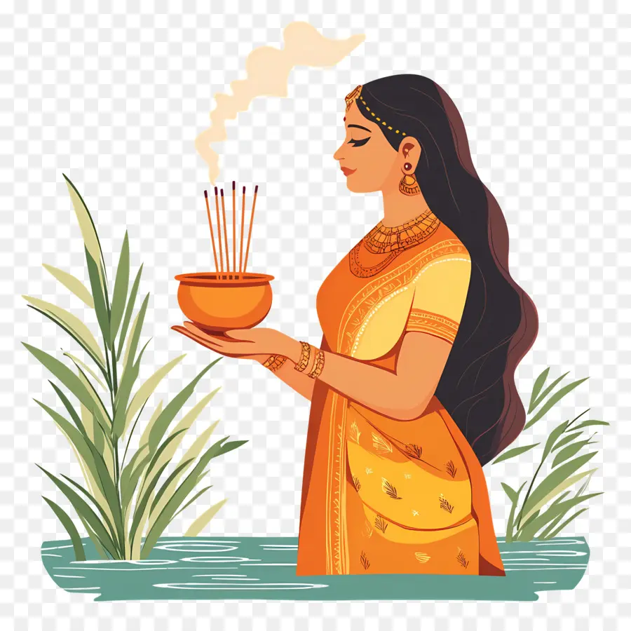 Chhath Puja，Mulher Em Vestido Tradicional PNG