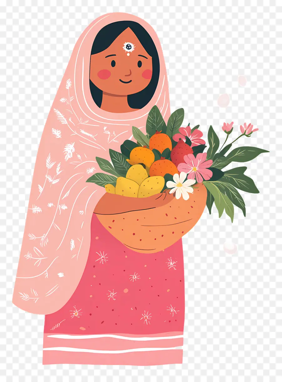 Chhath Puja，Mulher Com Frutas E Flores PNG