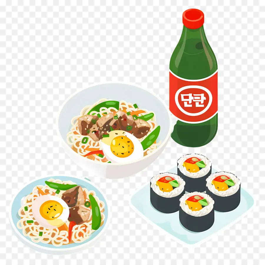 Comida Coreana，Conjunto De Macarrão E Sushi PNG