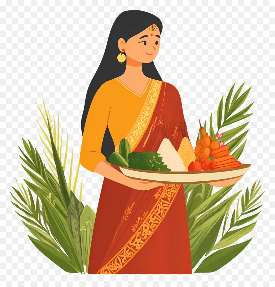 Chhath Puja，Mulher Com Prato De Comida PNG