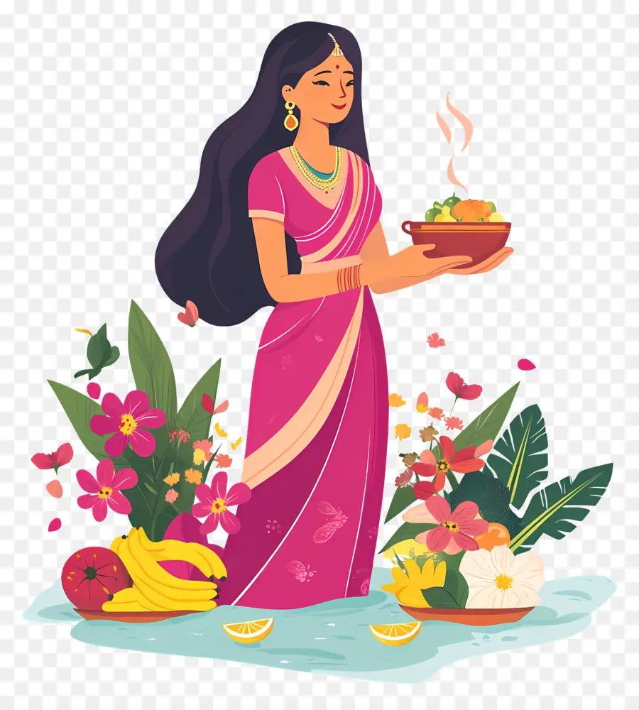 Chhath Puja，Mulher Com Comida E Flores PNG