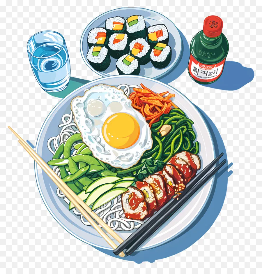 Comida Coreana，Prato De Macarrão Com Sushi PNG