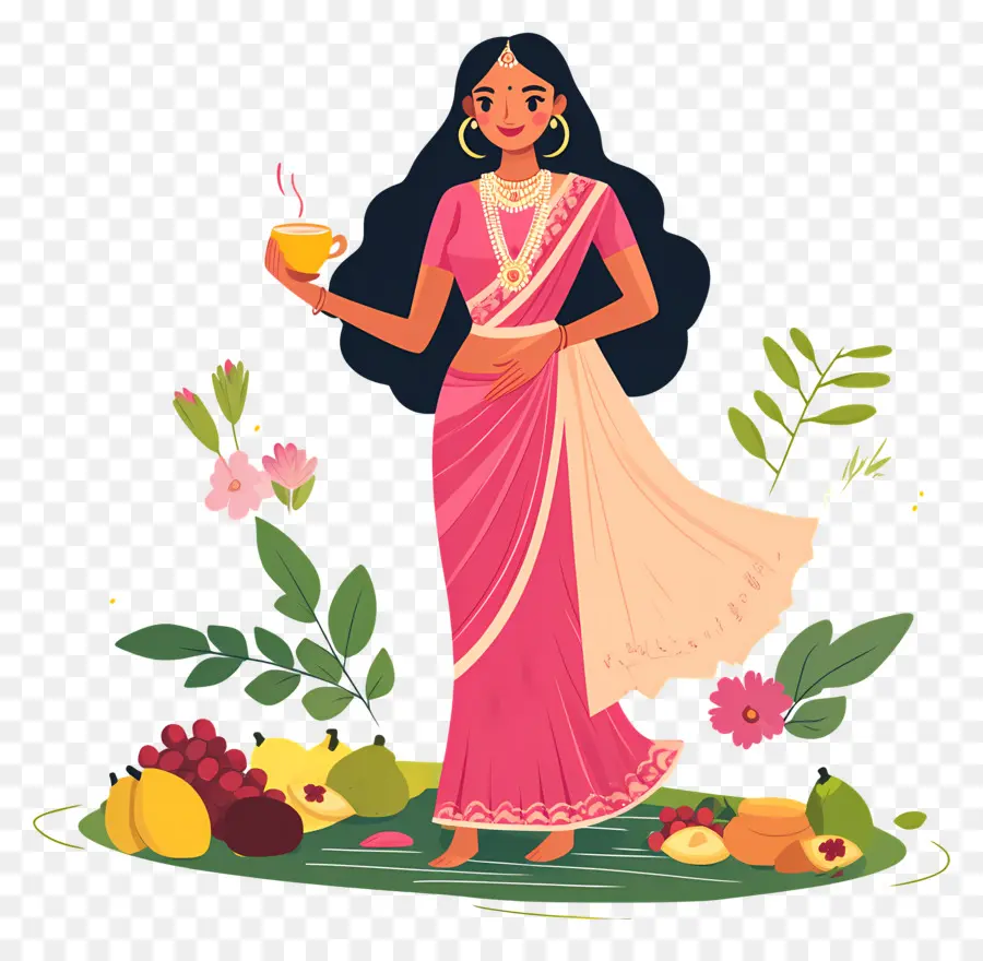 Chhath Puja，Mulher Com Cesta De Frutas PNG