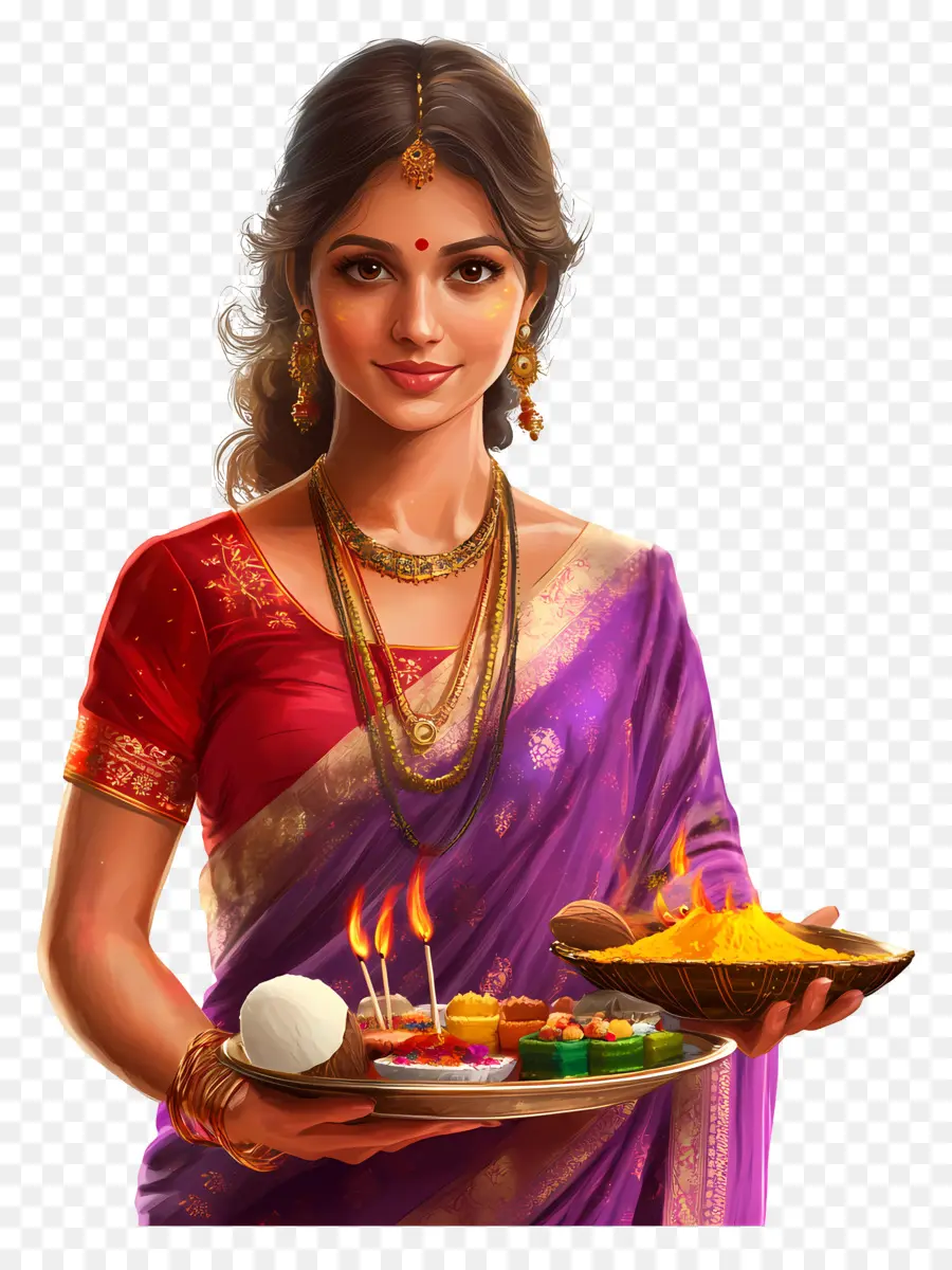 Chhath Puja，Mulher Em Saree Roxo PNG