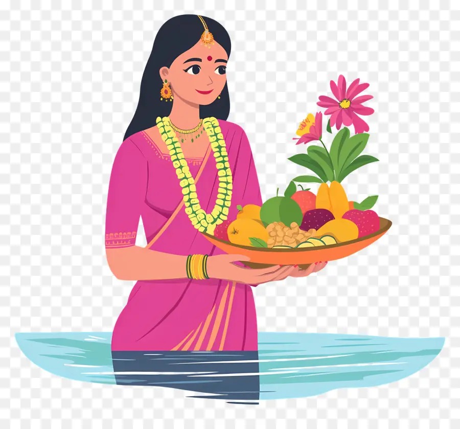 Chhath Puja，Mulher Em Vestido Tradicional Com Oferendas PNG