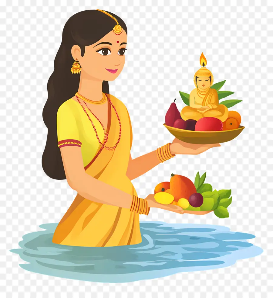 Chhath Puja，Mulher Com Cesta De Frutas PNG