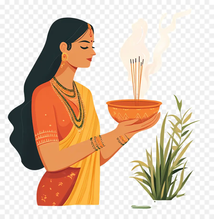 Chhath Puja，Mulher Com Incenso PNG