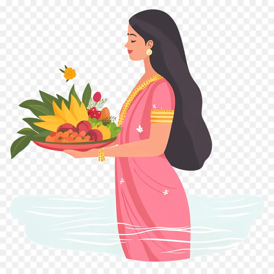 Chhath Puja，Mulher Em Vestido Tradicional Com Oferendas PNG