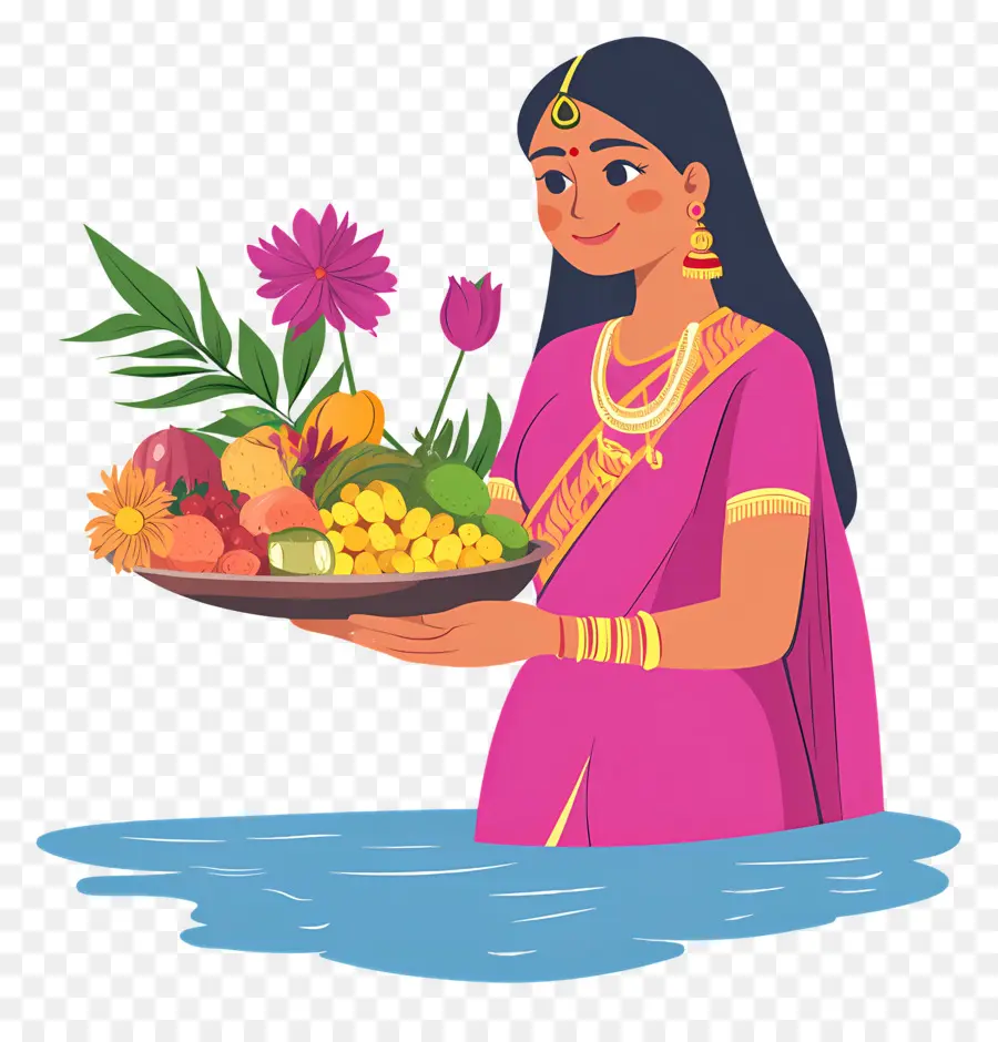 Chhath Puja，Mulher Com Cesta De Frutas PNG