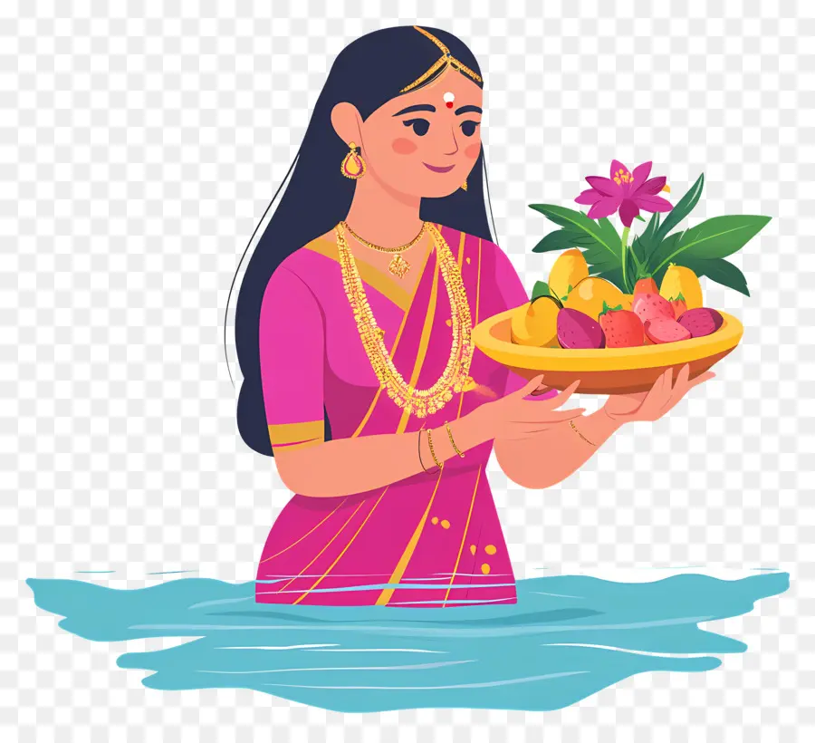 Chhath Puja，Mulher Com Cesta De Frutas PNG