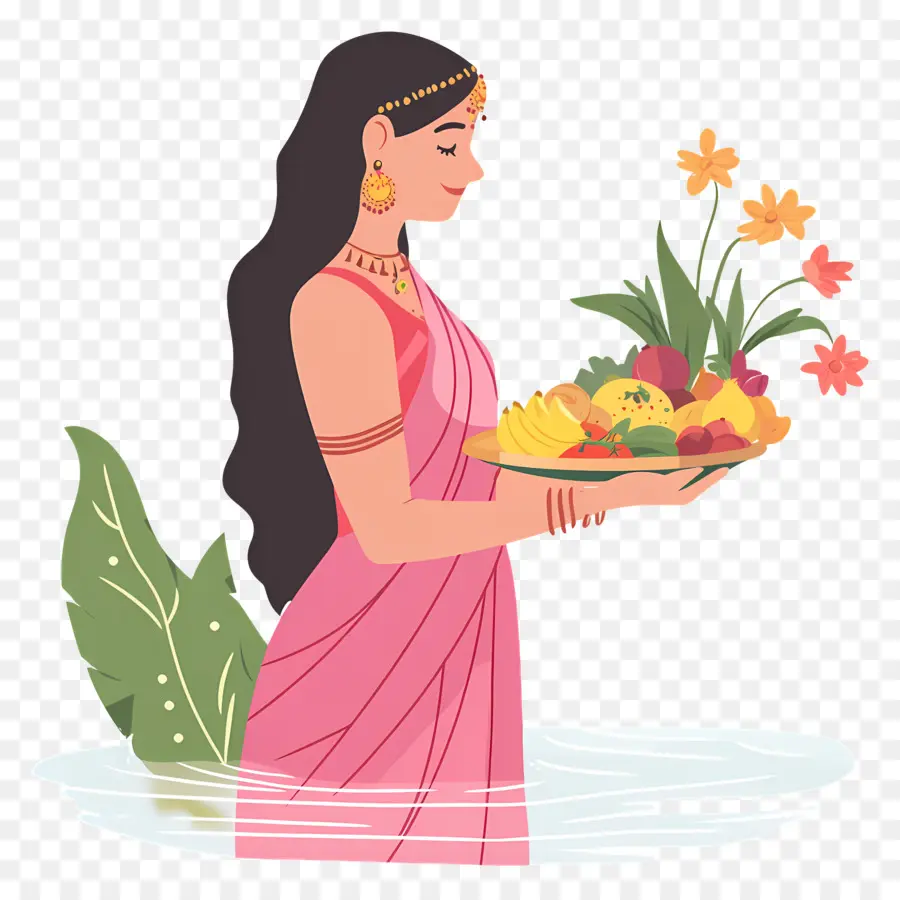 Chhath Puja，Mulher Em Vestido Tradicional Com Oferendas PNG