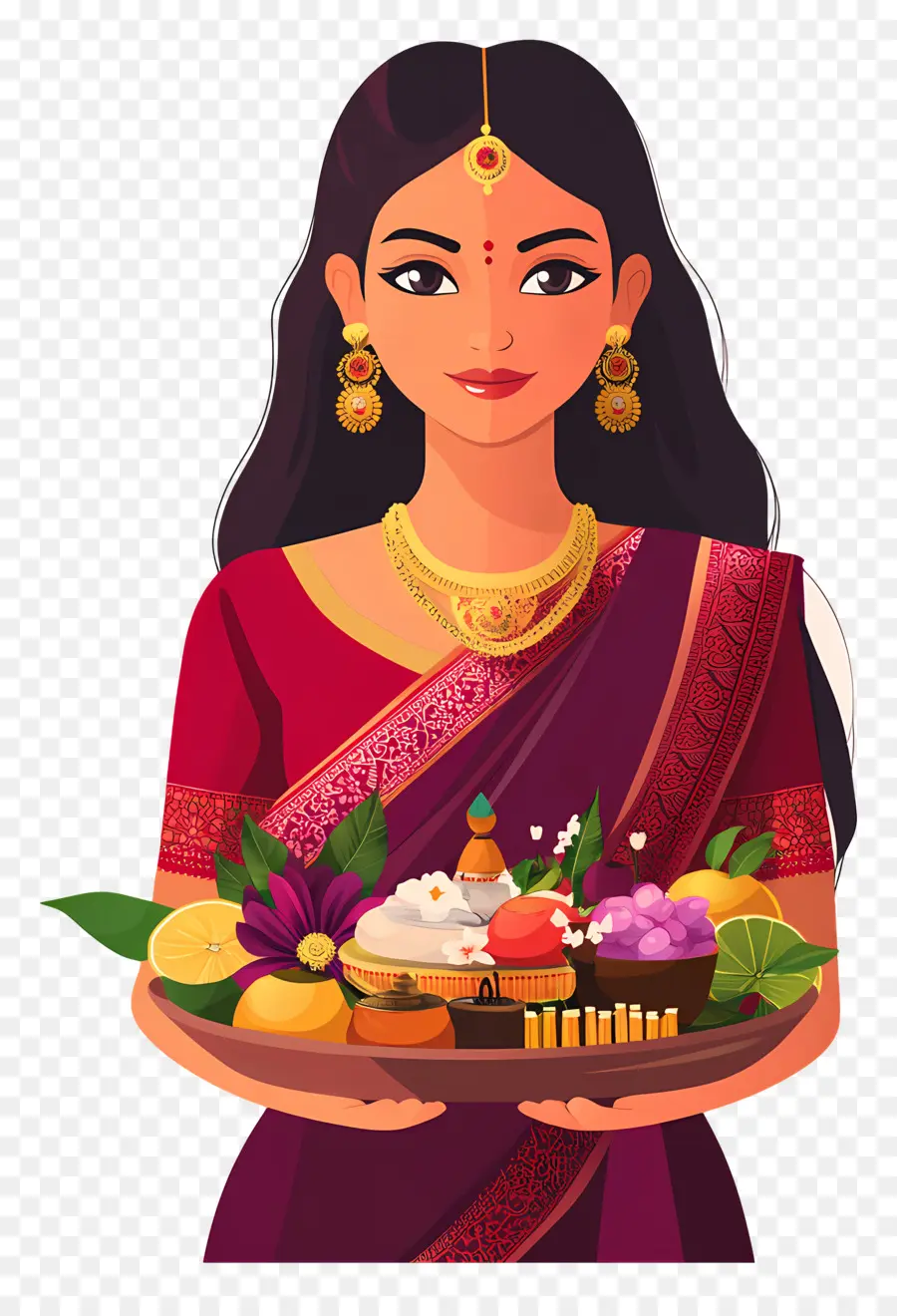 Chhath Puja，Mulher Com Cesta De Frutas PNG