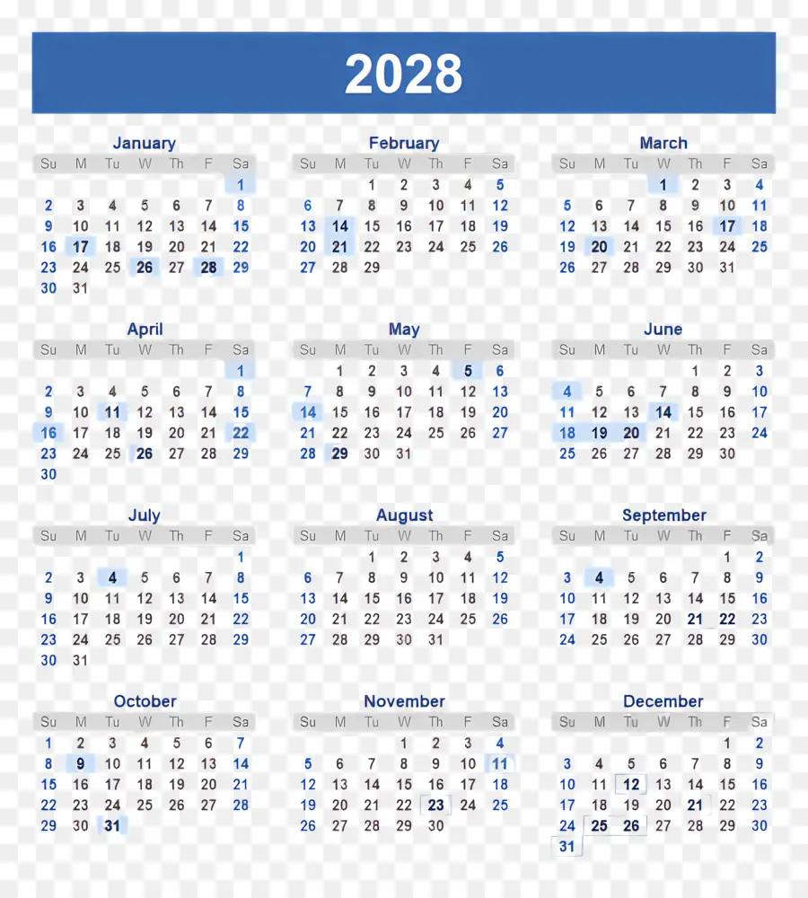 Calendário 2028，Ano PNG