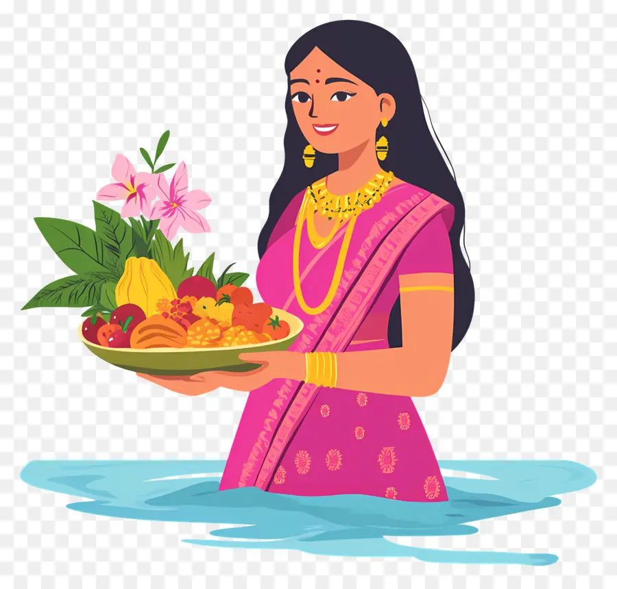 Chhath Puja，Mulher Em Vestido Tradicional Com Oferendas PNG