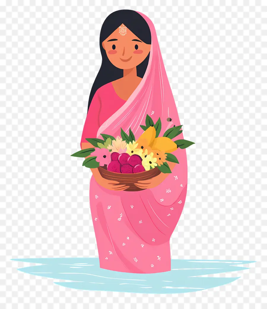 Chhath Puja，Mulher Com Cesta De Frutas PNG