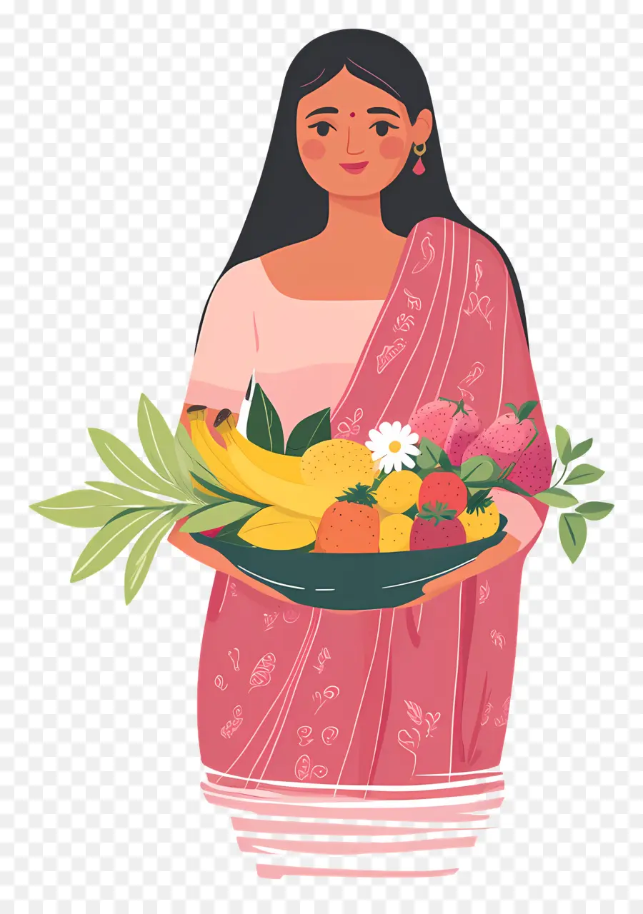 Chhath Puja，Mulher Com Cesta De Frutas PNG