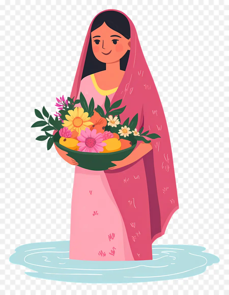 Chhath Puja，Mulher Em Saree Rosa PNG