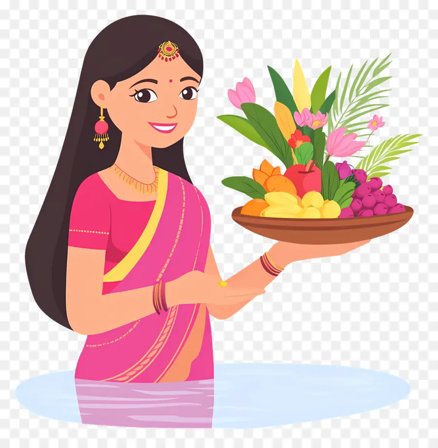 Chhath Puja，Mulher Com Cesta De Frutas PNG