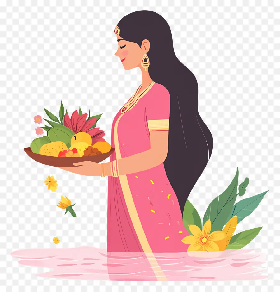 Chhath Puja，Mulher Com Cesta De Frutas PNG