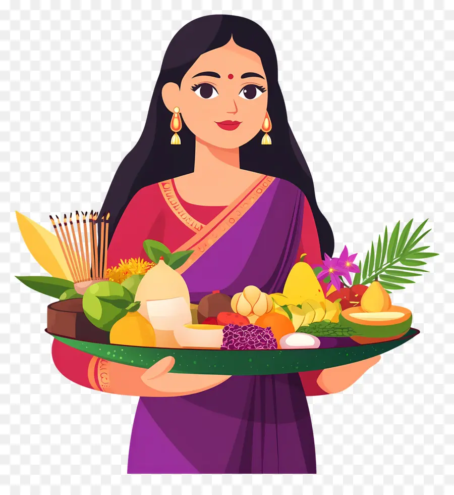 Chhath Puja，Mulher Com Cesta De Frutas PNG