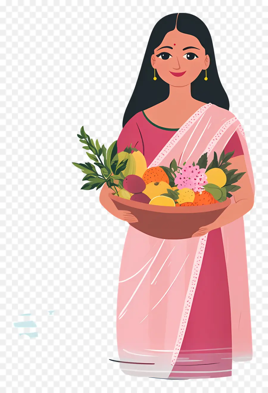 Chhath Puja，Mulher Com Cesta De Frutas PNG