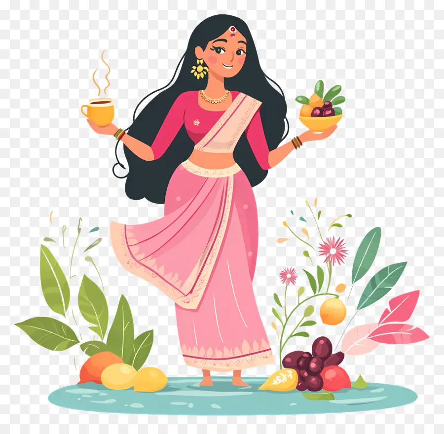 Chhath Puja，Mulher Com Cesta De Frutas PNG