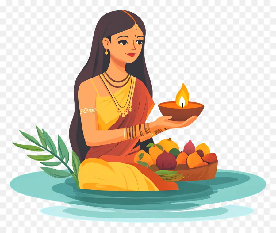 Chhath Puja，Mulher Com Diya PNG