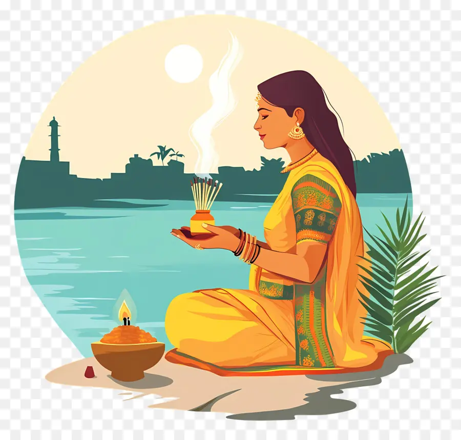 Chhath Puja，Mulher Com Diya PNG