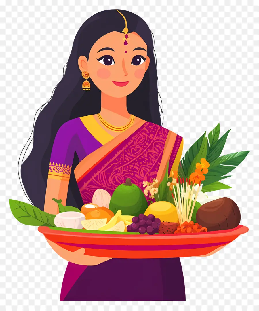 Chhath Puja，Mulher Com Cesta De Frutas PNG