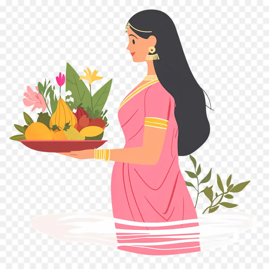 Chhath Puja，Mulher Com Cesta De Frutas PNG