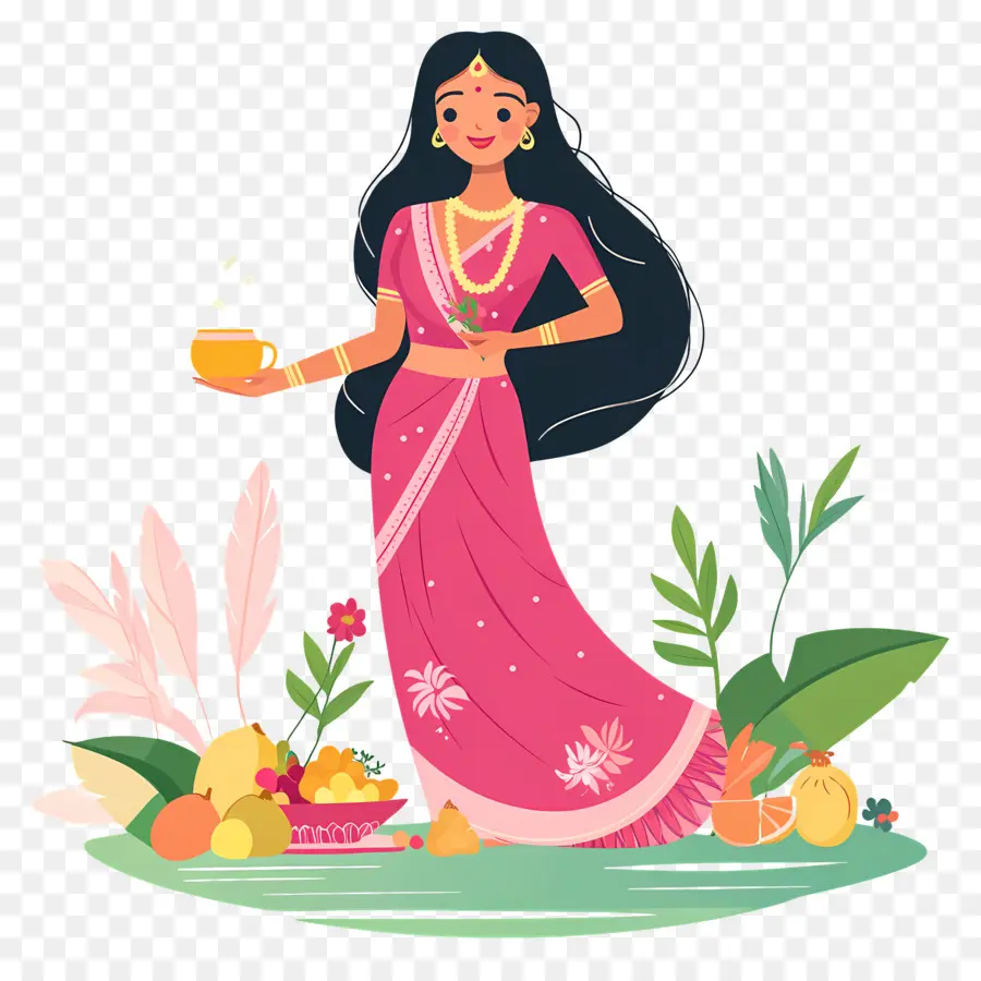 Chhath Puja，Mulher Com Cesta De Frutas PNG