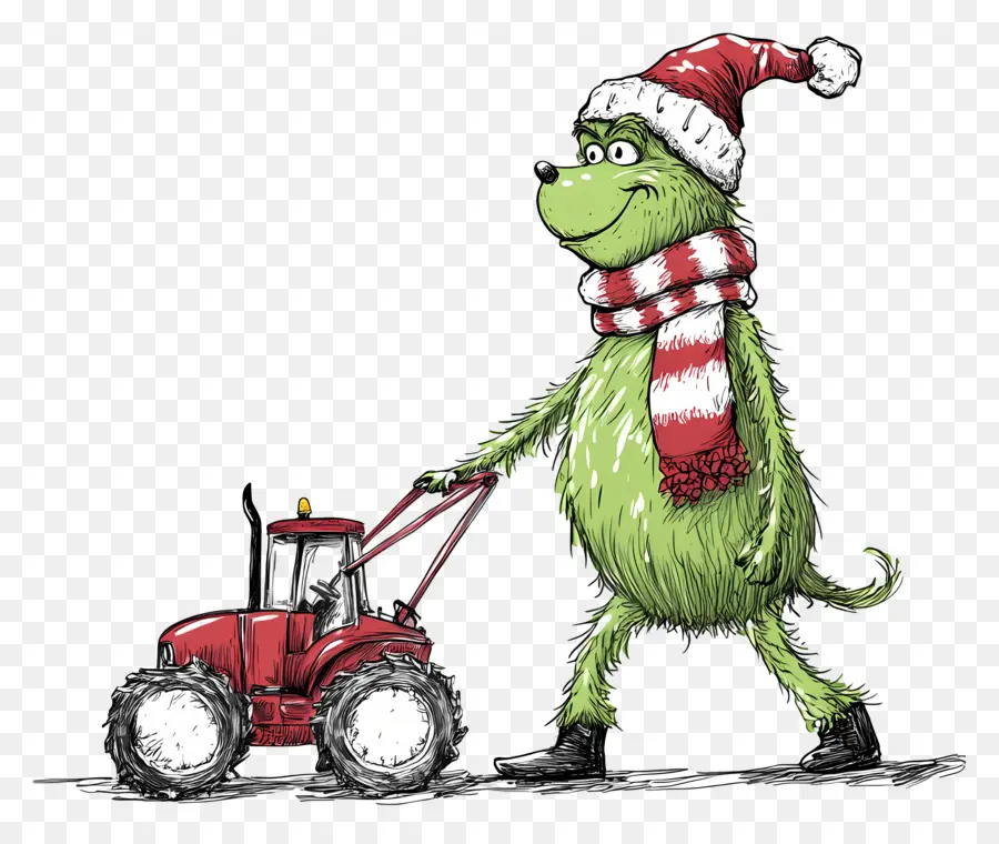 Natal Grinch，Criatura Verde Com Trator Vermelho PNG