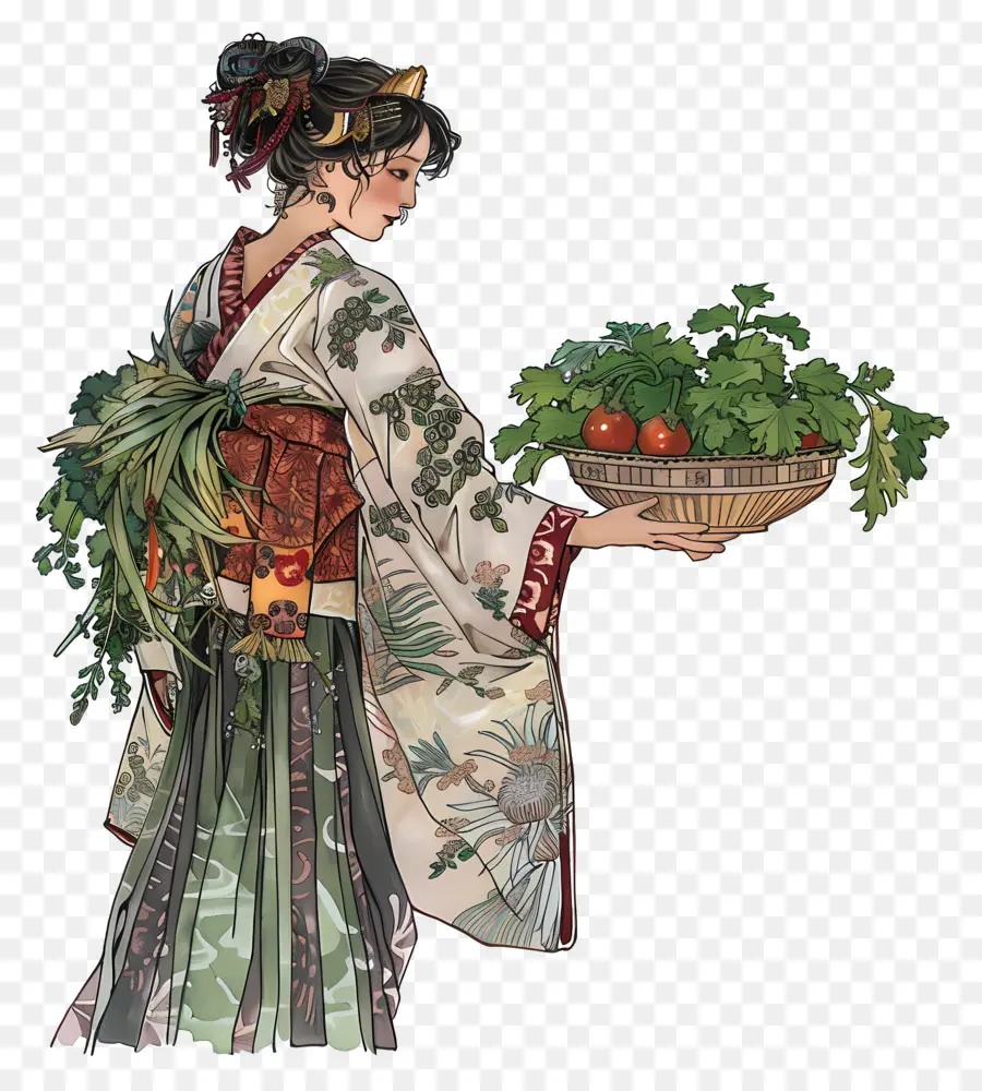 Mulher Tradicional，Mulher De Quimono Com Legumes PNG