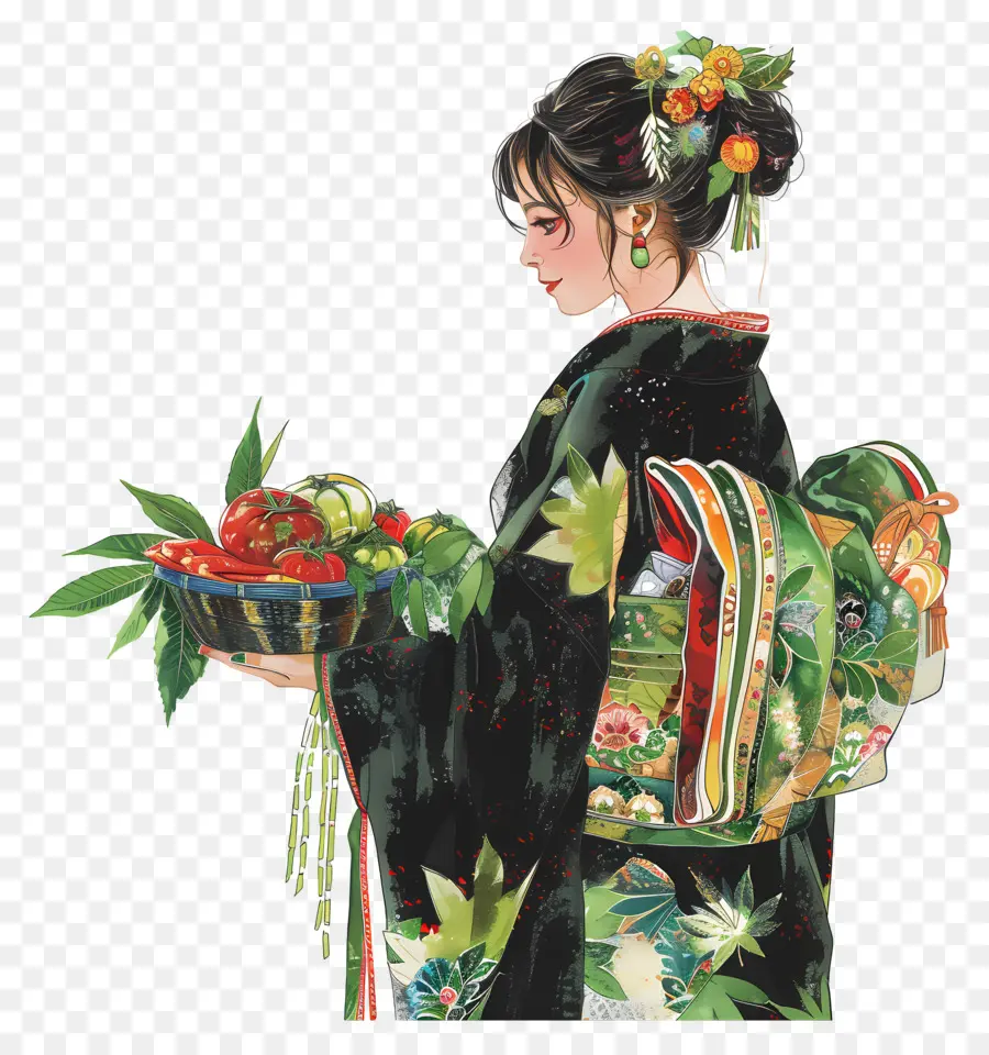 Mulher Tradicional，Mulher De Quimono Com Frutas PNG