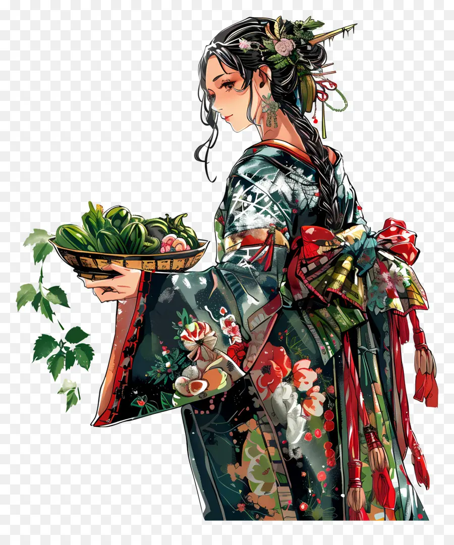 Mulher Tradicional，Mulher De Quimono Com Legumes PNG