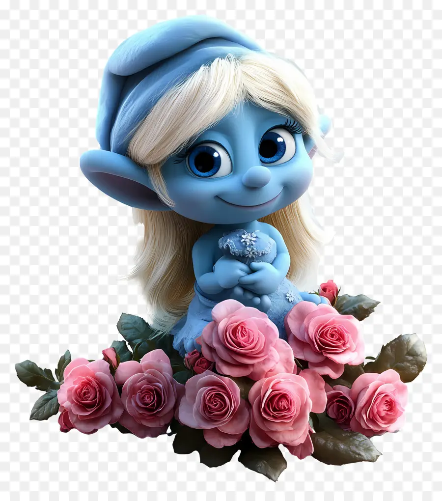 Smurfette，Personagem De Desenho Animado Azul Com Rosas PNG