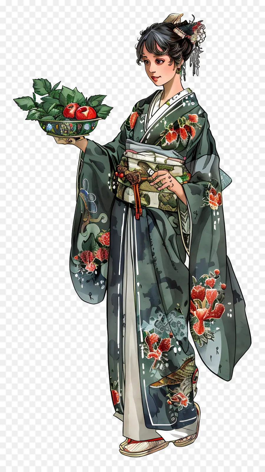 Mulher Tradicional，Mulher De Quimono Com Frutas PNG