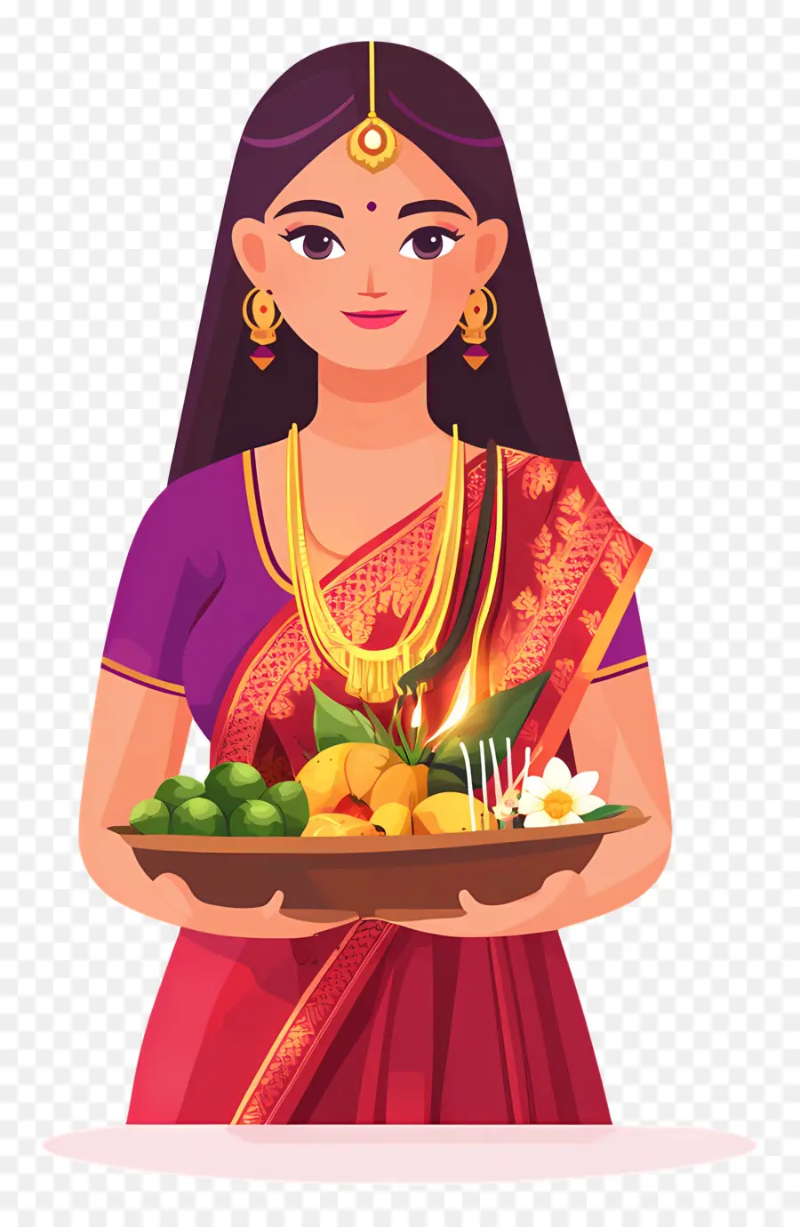 Chhath Puja，Mulher Com Cesta De Frutas PNG