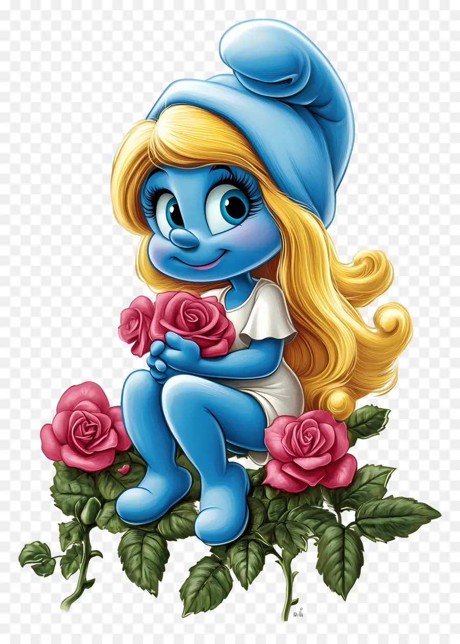 Smurfette，Personagem De Desenho Animado Azul Com Rosas PNG