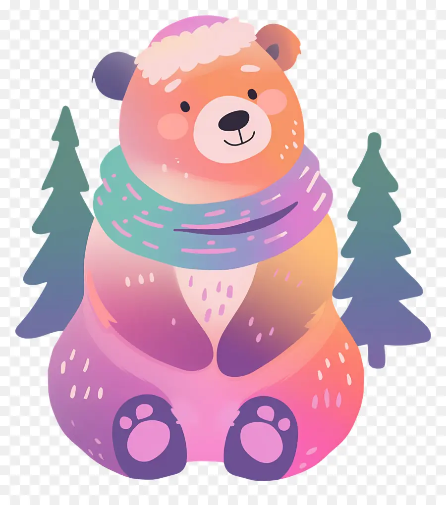 Urso De Natal，Urso Com Lenço E Árvores PNG