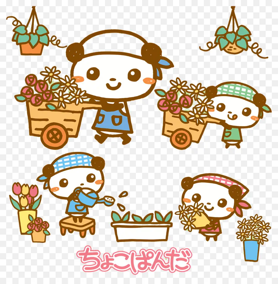 Chocopanda，Pandas Com Flores PNG