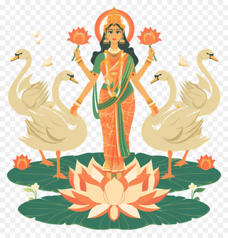 Vasant Panchami，Ilustração Da Deusa Com Cisnes PNG