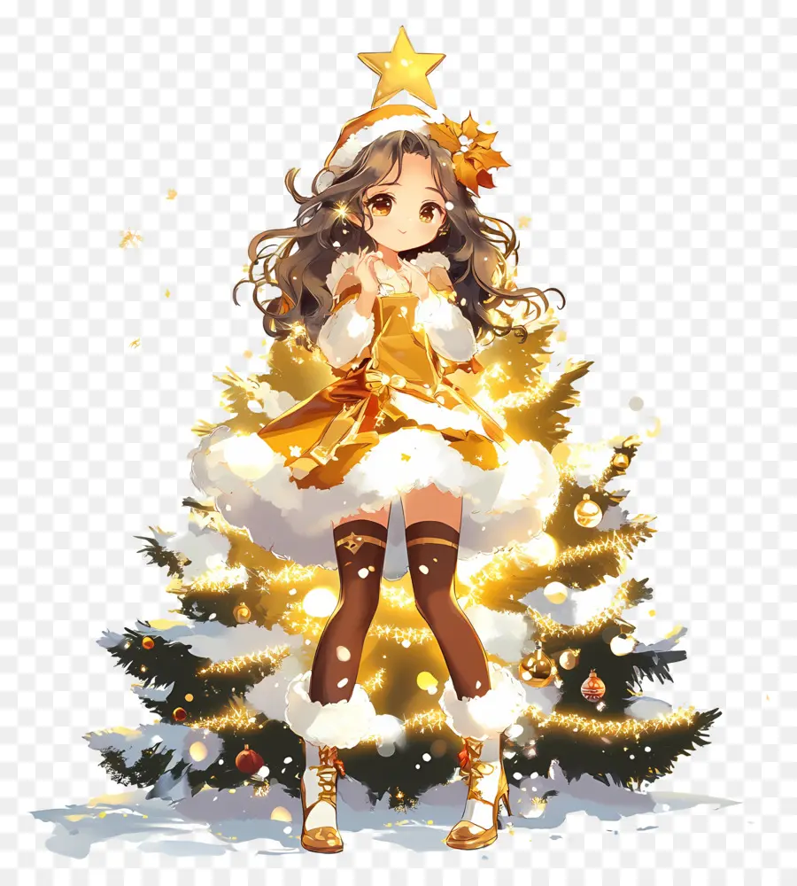 Ouro De Natal，Garota Anime Com árvore PNG