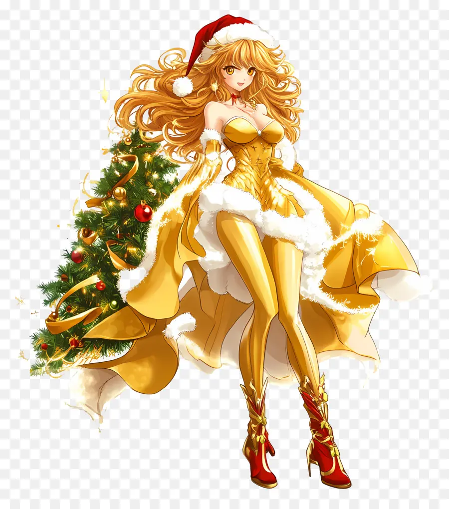 Ouro De Natal，Garota De Anime De Natal Dourado PNG